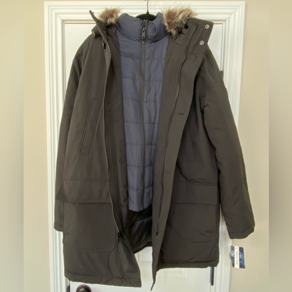 N-3B Lucky Brand Parka Faux Fur Trim Jacket Coat Size M Black